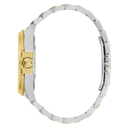 Two-tone watch with gold and silver band on a white background
