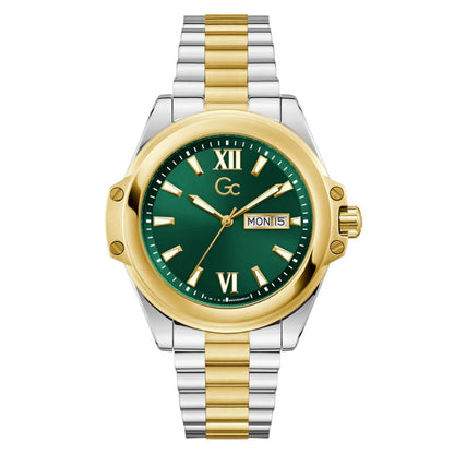 Watch with green dial, gold and silver band on white background