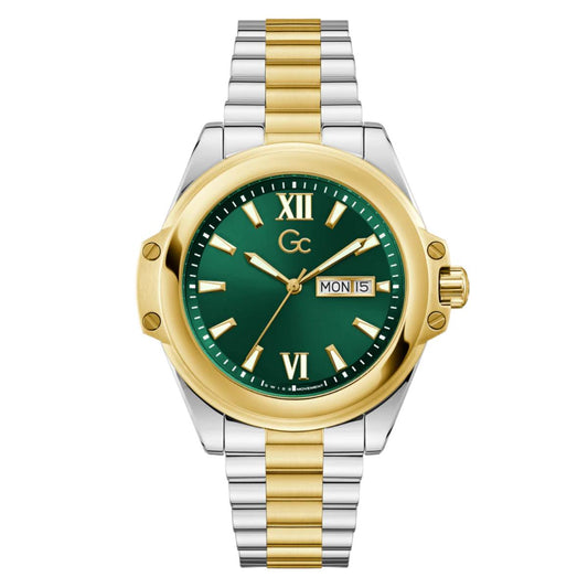 Watch with green dial, gold and silver band on white background