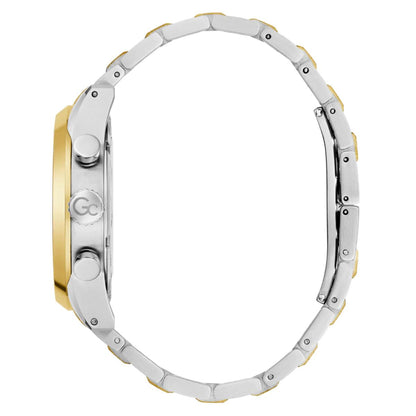 Close-up of a watch band with gold and silver accents on a white background