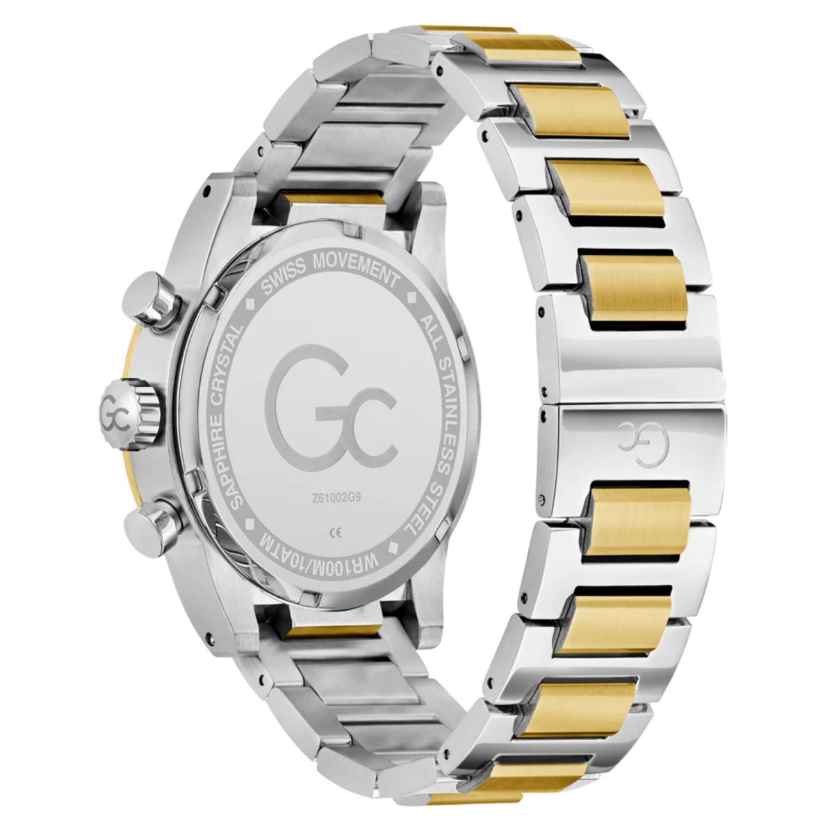 Two-tone silver and gold watch with 'GC' branding on a white background