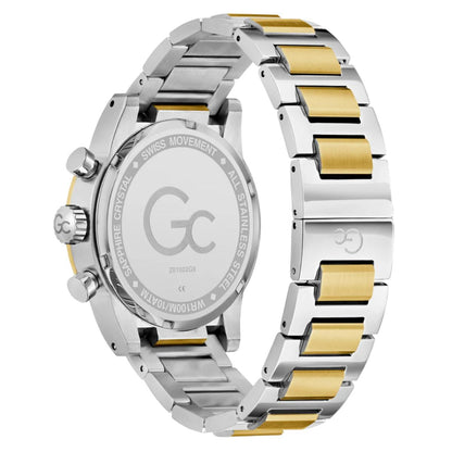 Two-tone silver and gold watch with 'GC' branding on a white background