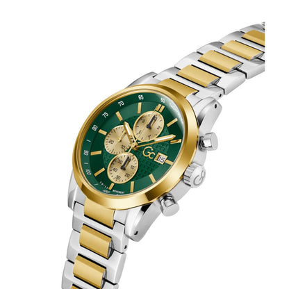 Wristwatch with green face and gold accents on a white background