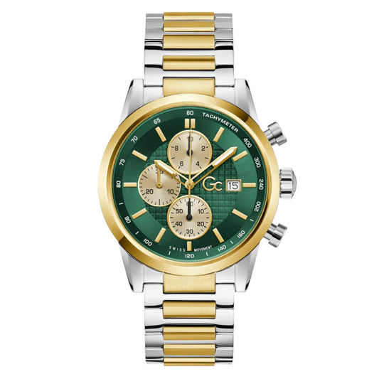 Luxury watch with green face and gold and silver band on white background