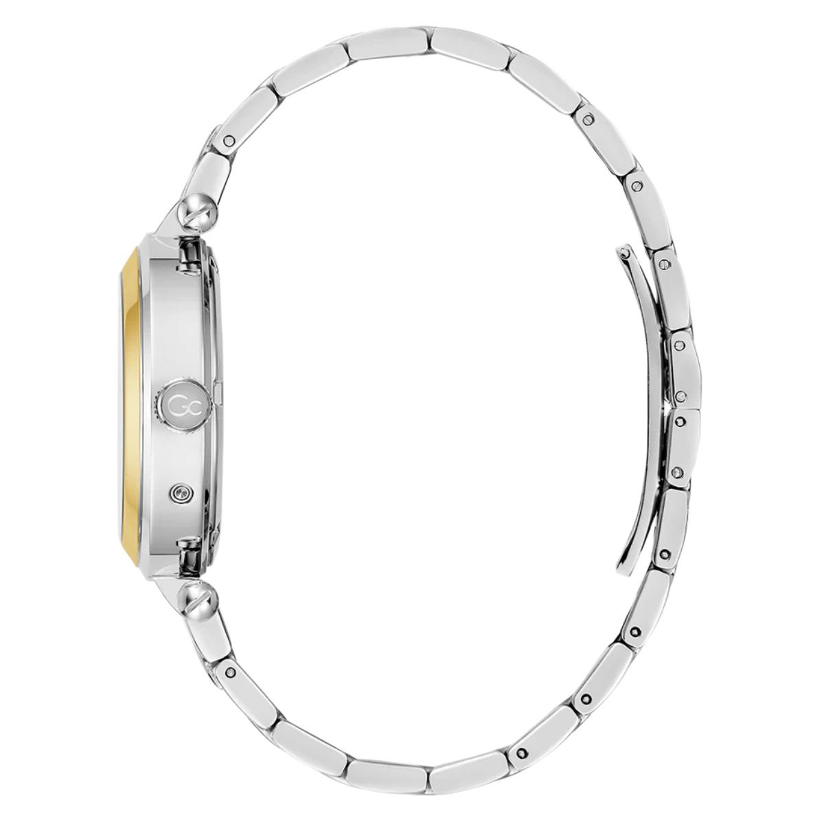 Silver watch with a gold accent on a white background