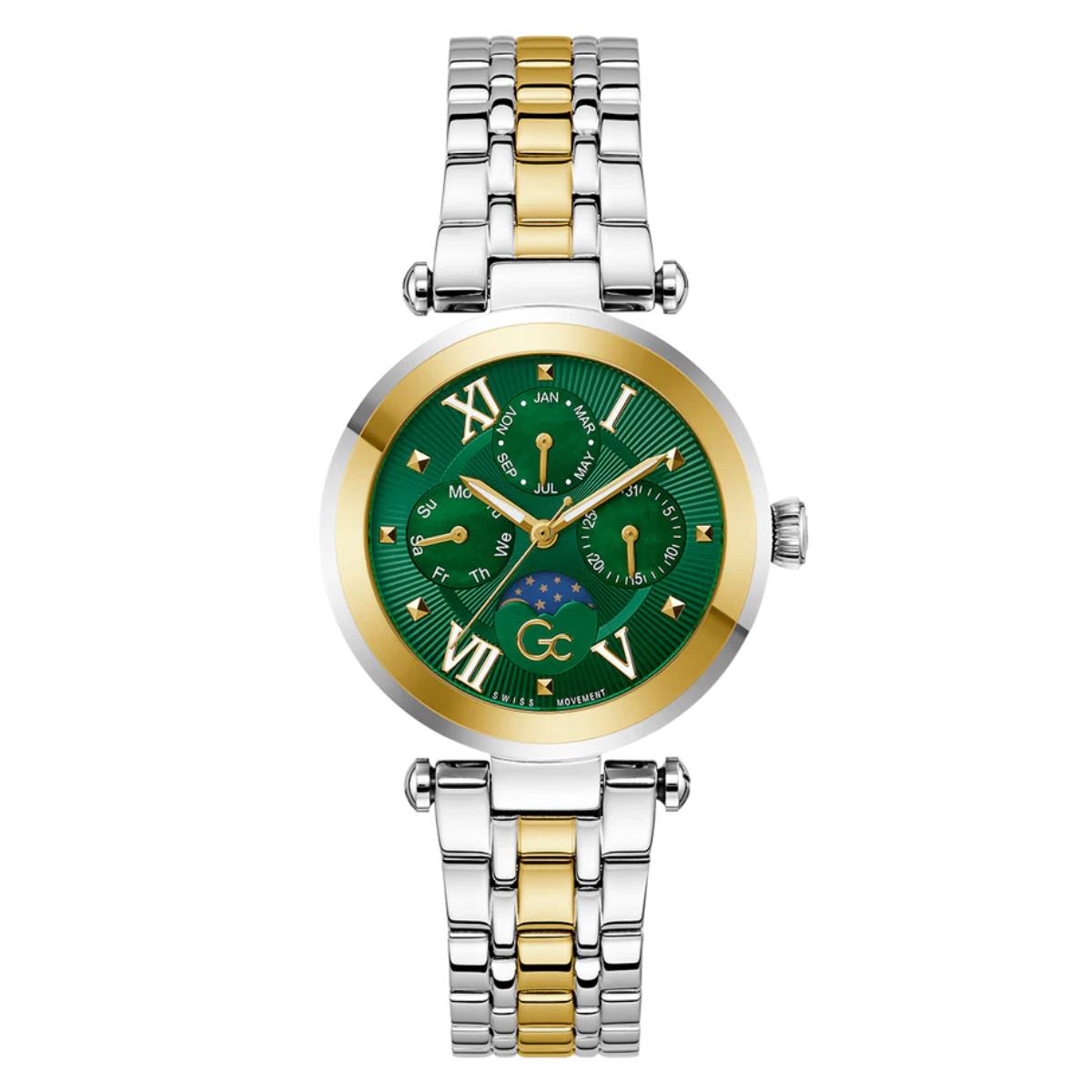 Watch with green face and two-tone metal strap on white background