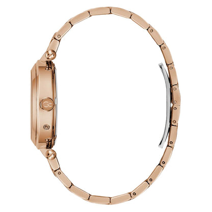 Rose gold watch with a white background