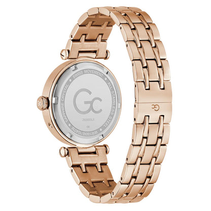 Rose gold watch with a visible brand logo on a white background
