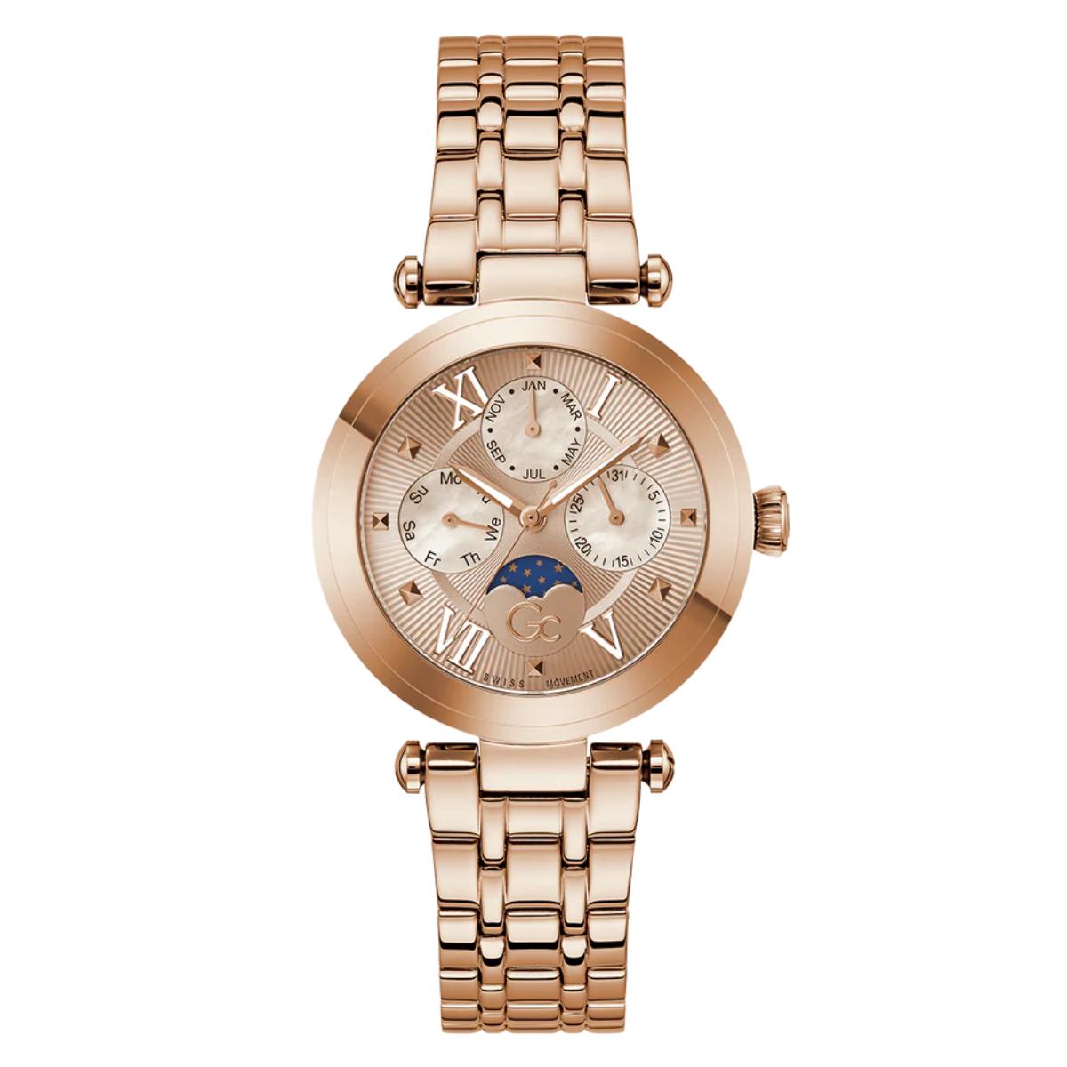 Rose gold watch with detailed face on a white background