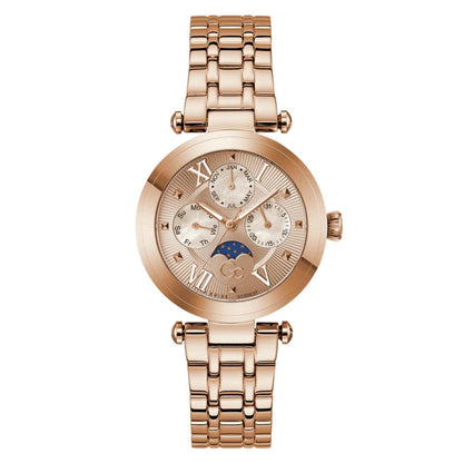 Rose gold watch with detailed face on a white background