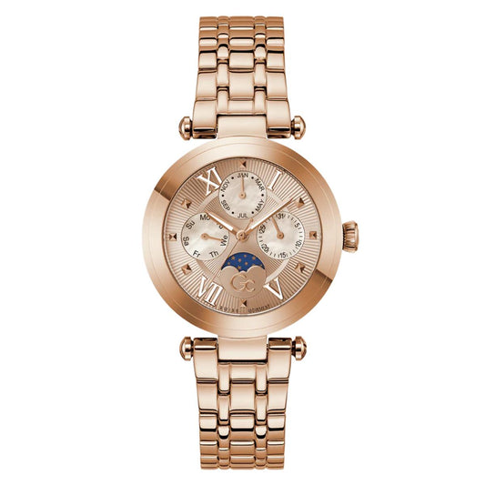 Rose gold watch with detailed face on a white background