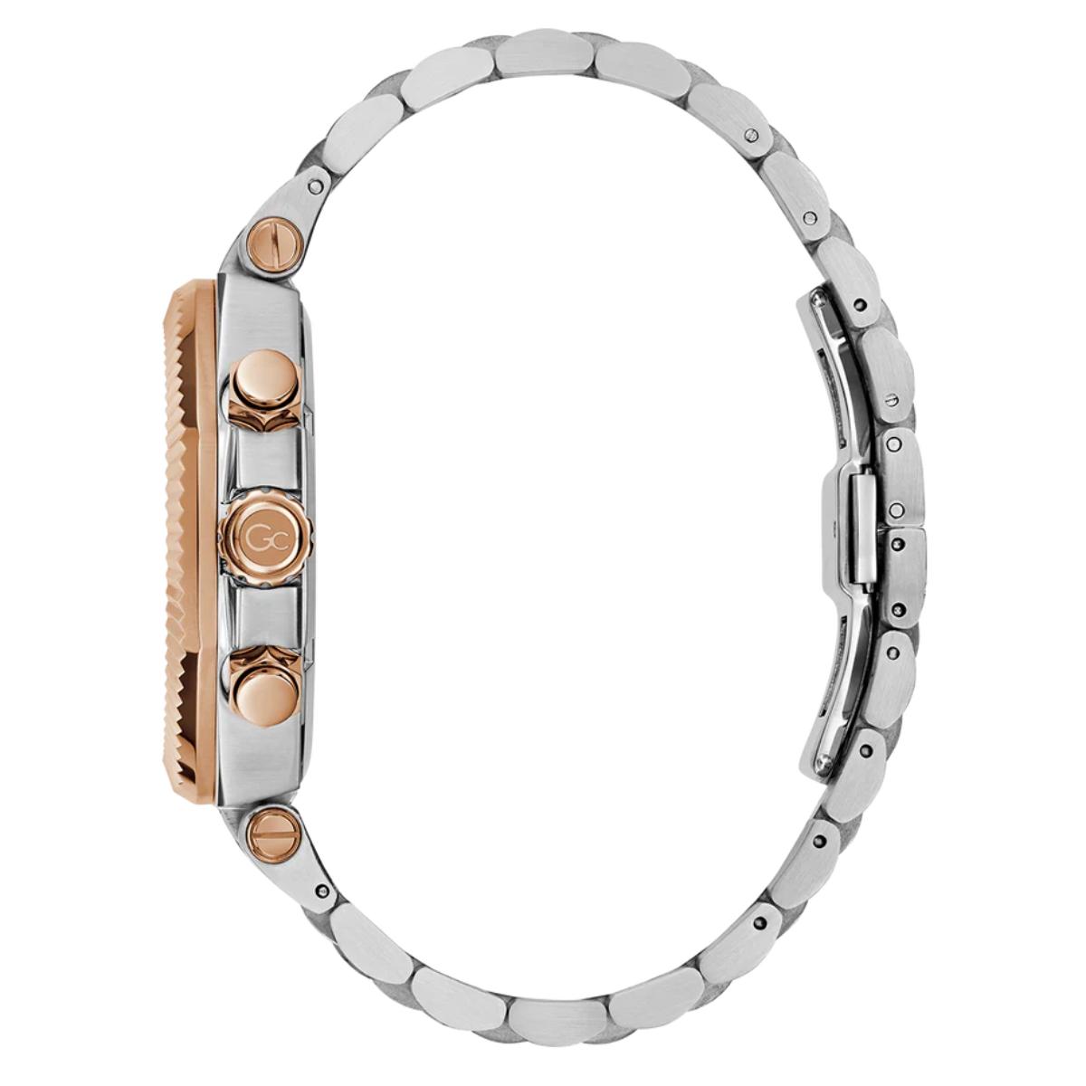 Close-up of a silver and rose gold watch with a white background