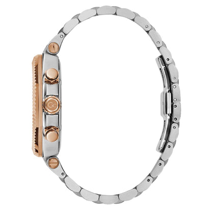 Close-up of a silver and rose gold watch with a white background