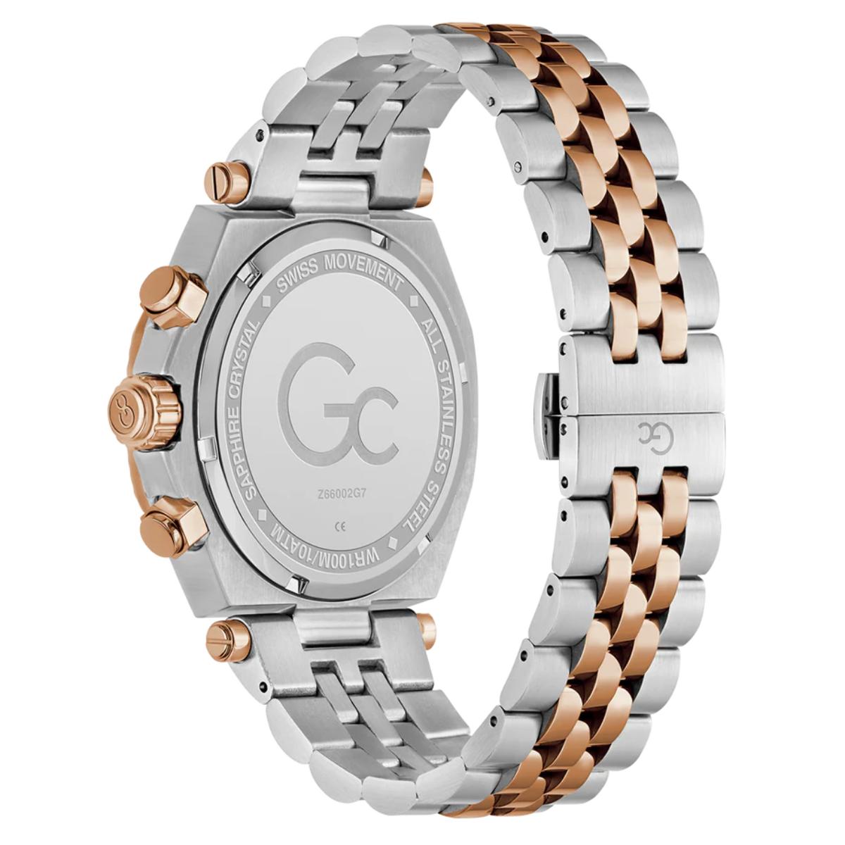 Silver and rose gold watch with 'GC' branding on a white background