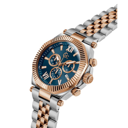 Luxury watch with a blue face and rose gold accents on a white background