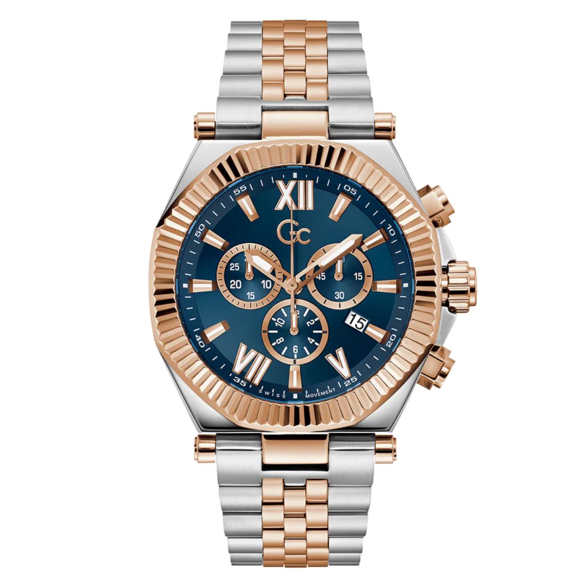 Two-tone watch with rose gold and silver band on a white background