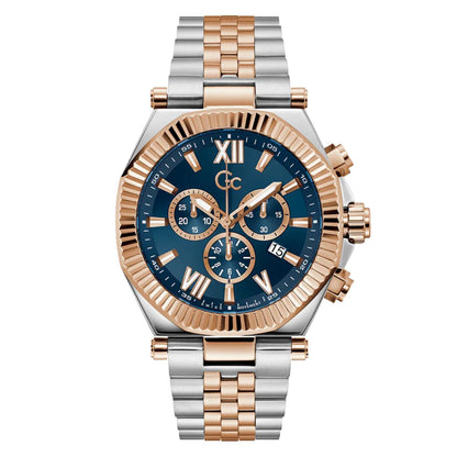 Two-tone watch with rose gold and silver band on a white background