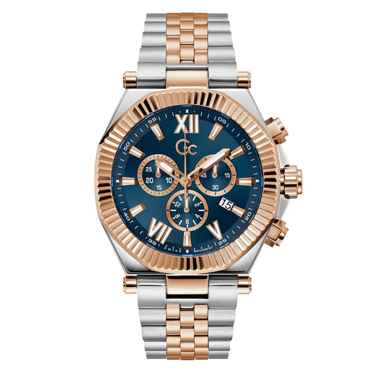 Two-tone watch with rose gold and silver band on a white background