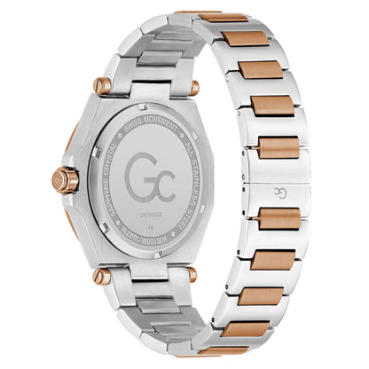 Two-tone watch with silver and rose gold band on a white background