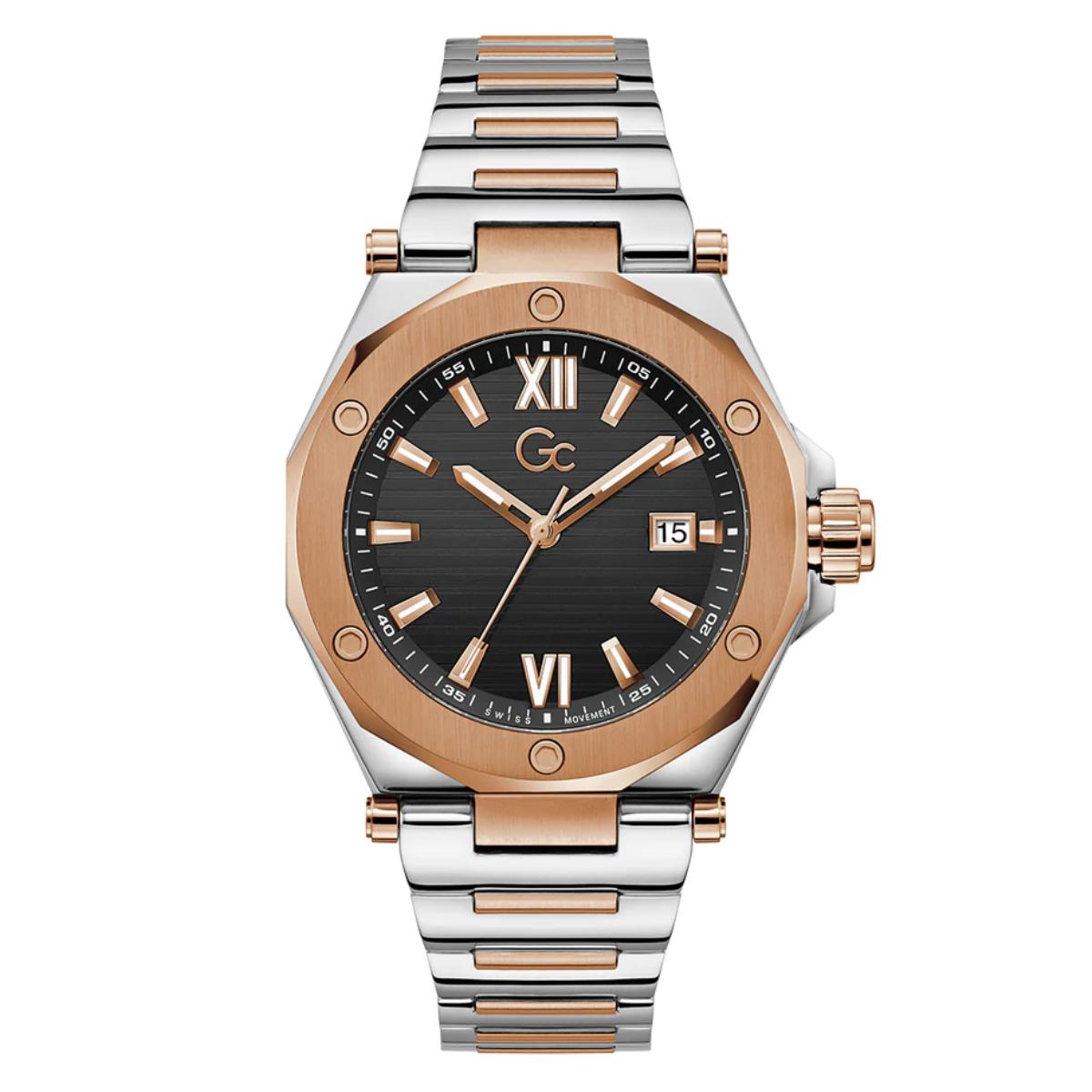 Two-tone watch with rose gold and silver band on a white background