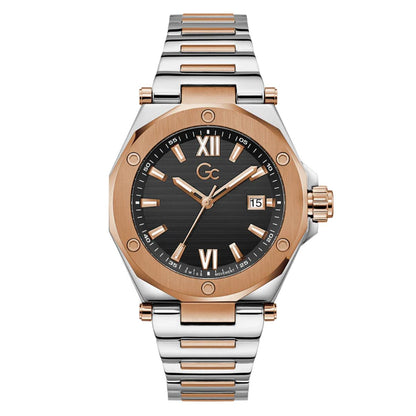 Two-tone watch with rose gold and silver band on a white background