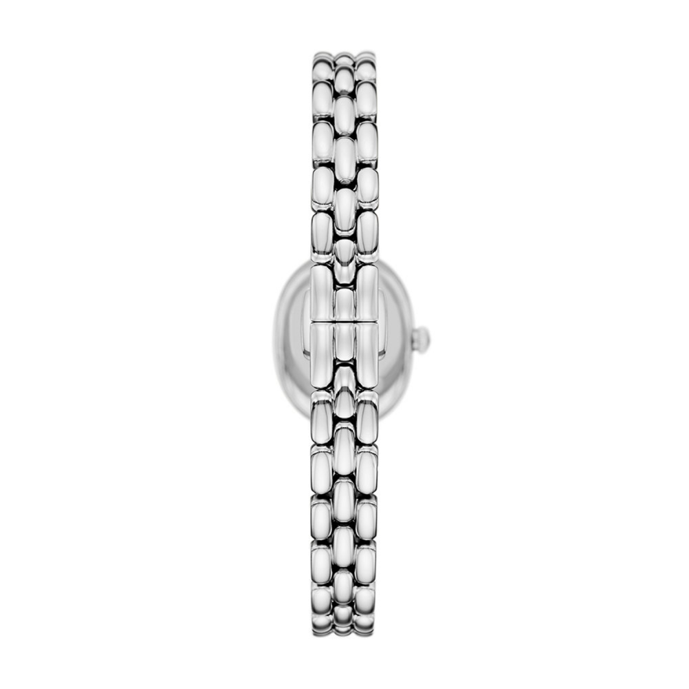 Silver watch with a chain-like bracelet on a white background