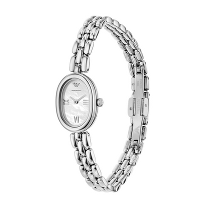 Silver watch with a chain-like bracelet on a white background