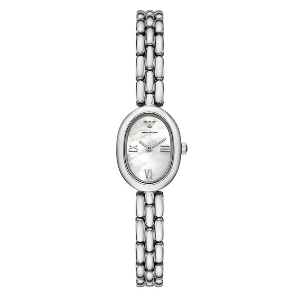 Silver watch with a chain strap on a white background