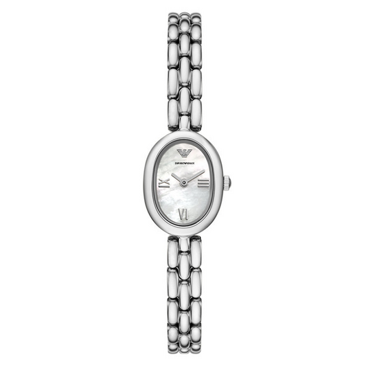 Silver watch with a chain strap on a white background