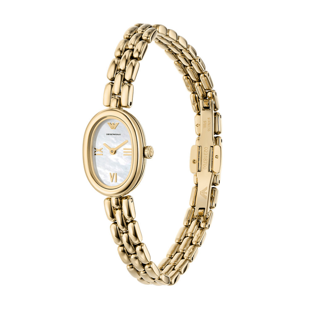 Gold watch with a white face on a white background