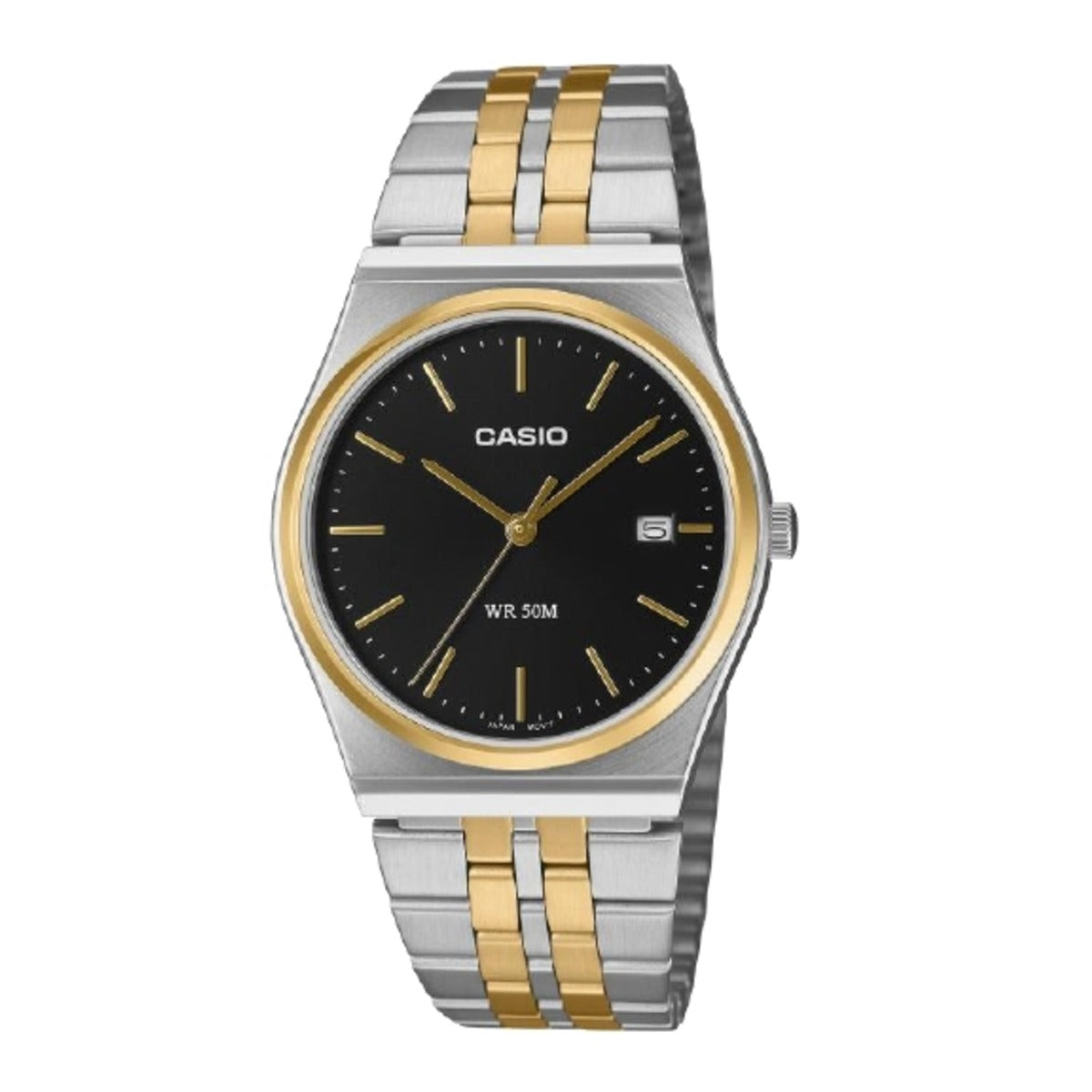 Casio watch with two-tone silver and gold band on white background