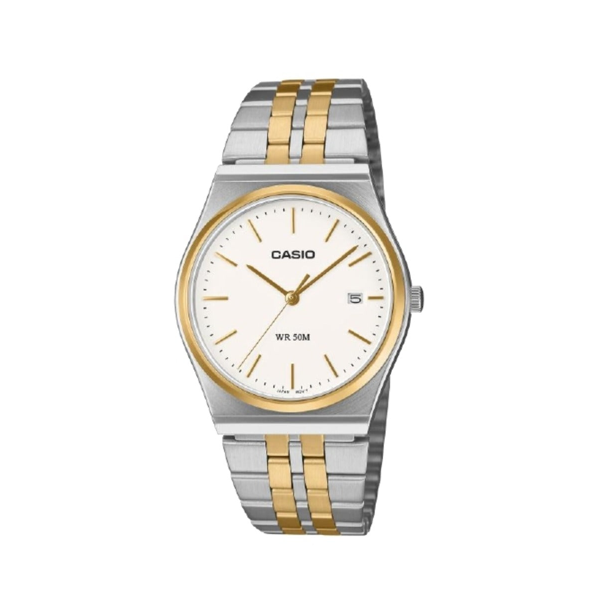 Casio watch with two-tone silver and gold strap on a white background