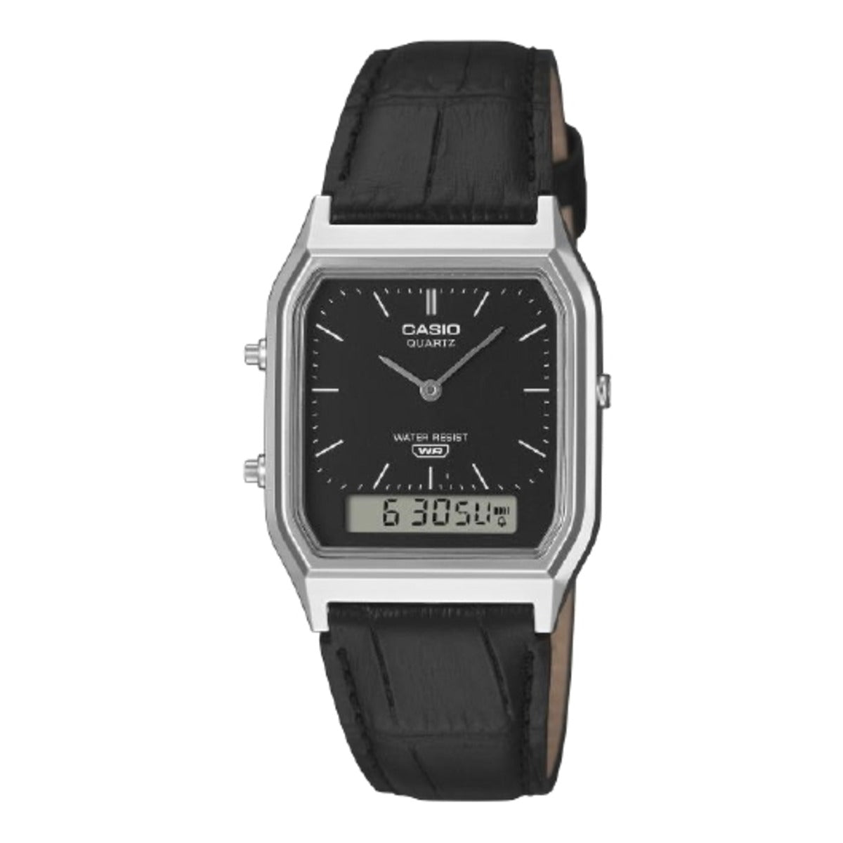 Casio watch with black leather strap on a white background