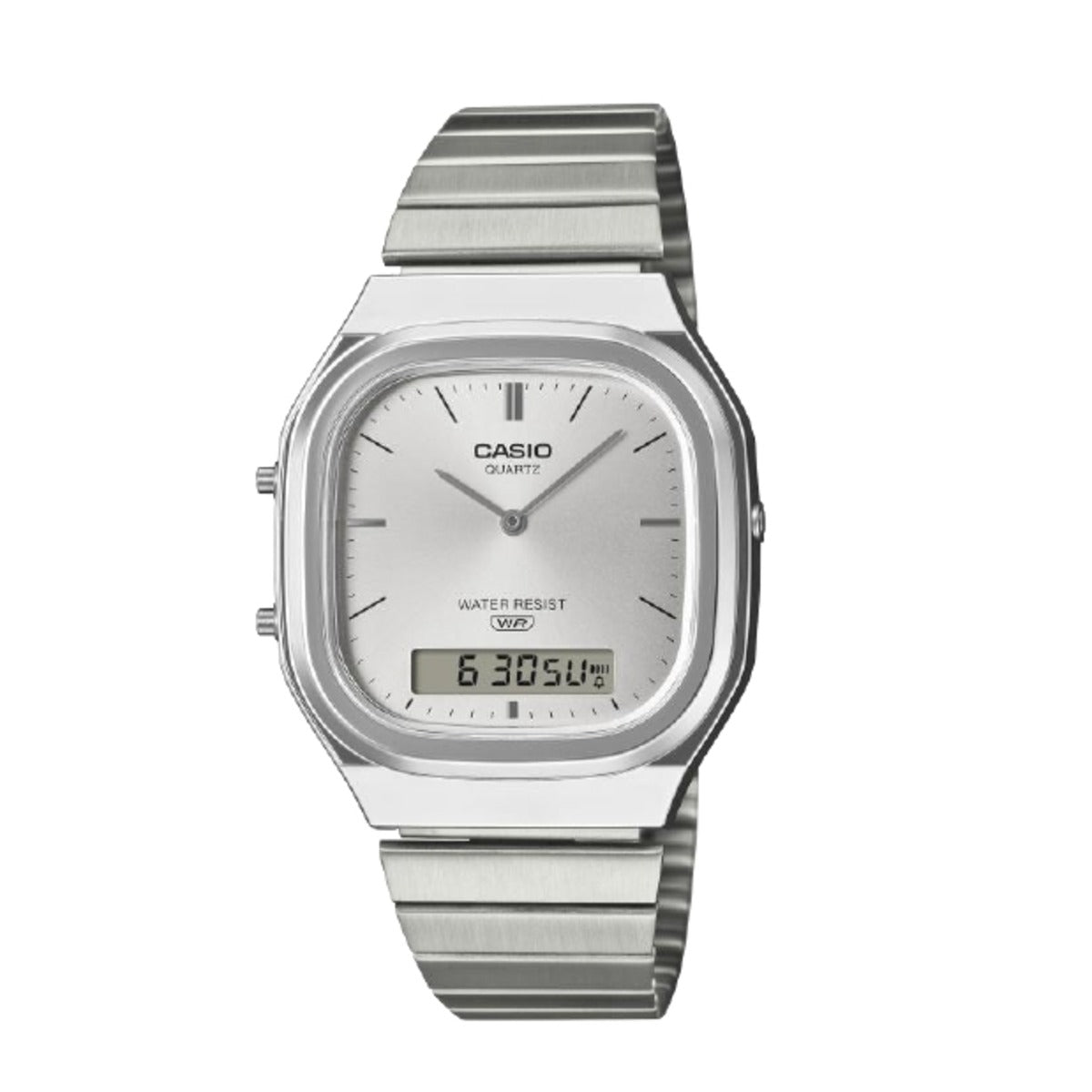 Silver Casio watch with digital and analog display on a white background