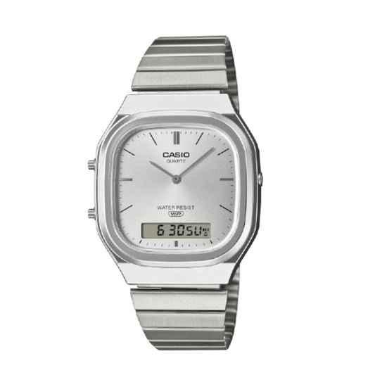 Silver Casio watch with digital and analog display on a white background