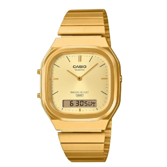 Gold Casio watch on a white background