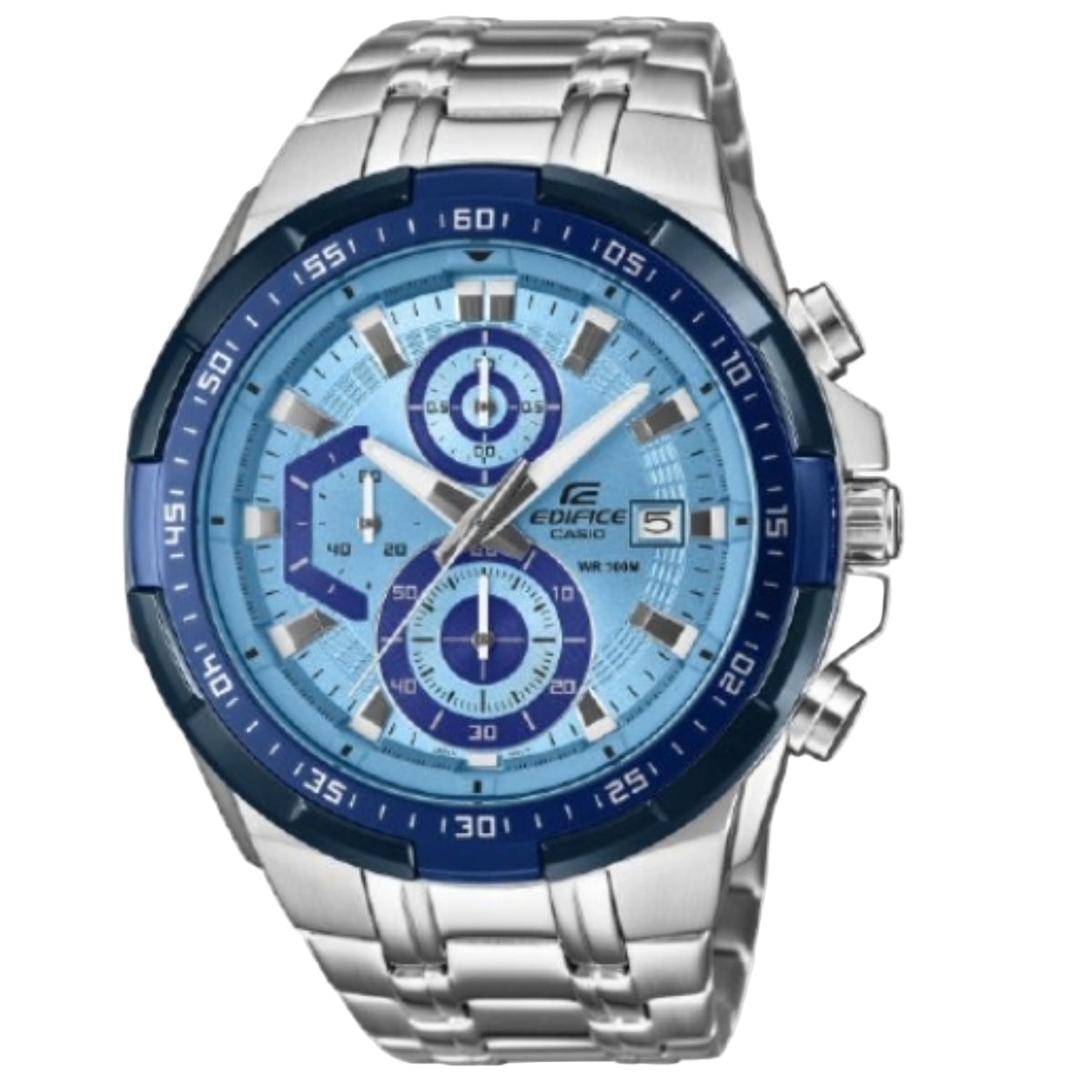 Silver and blue Casio Edifice watch on a white background