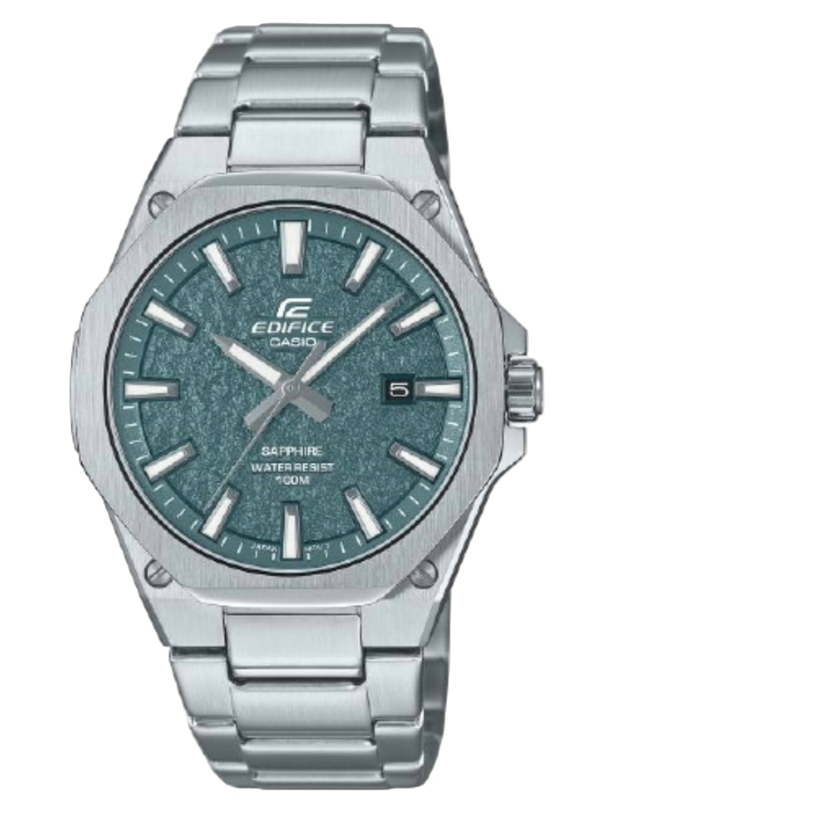 Silver Casio Edifice watch with a blue dial on a white background