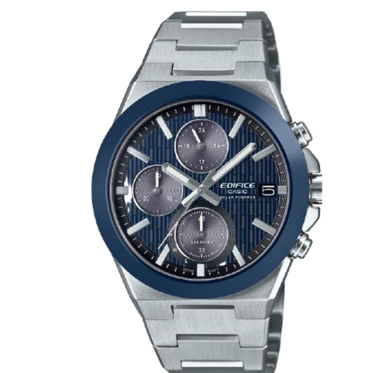 Silver Casio Edifice watch with blue bezel on a white background