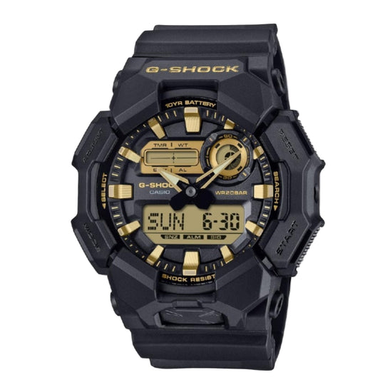 Black and gold G-Shock watch on a white background
