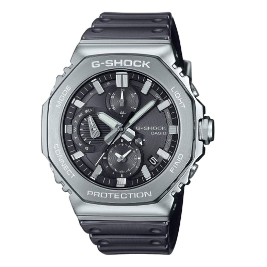 G-Shock watch with black and silver design on a white background