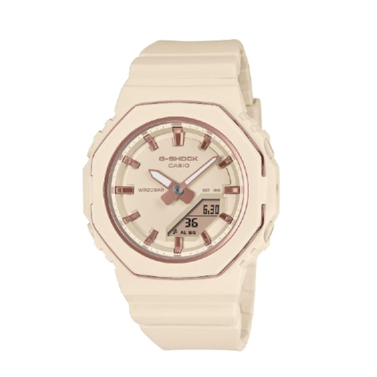 Beige Casio G-Shock watch on a white background