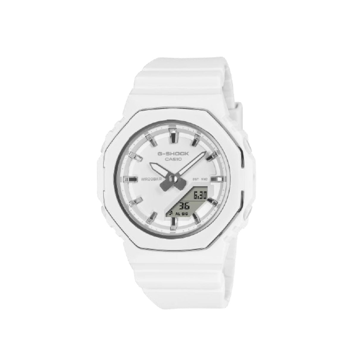 White Casio G-Shock watch on a white background