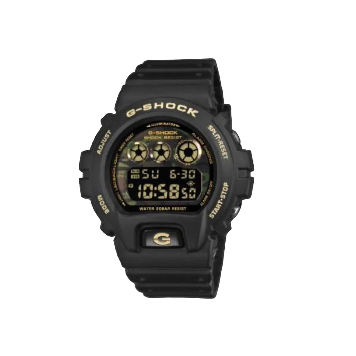 A black G-Shock digital watch with gold accents on the bezel, buttons, and display text, shown against a solid black background.