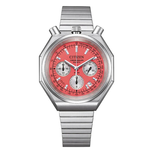 Silver watch with a red face on a white background