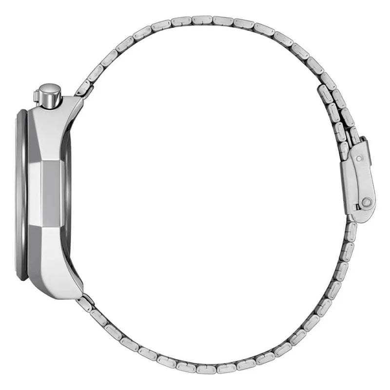 Silver watch with a detailed metal band on a white background