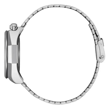Silver watch with a detailed metal band on a white background