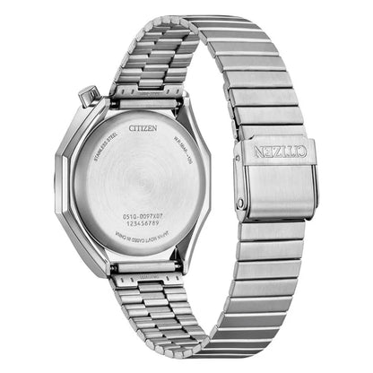 Silver Citizen watch with metal band on a white background