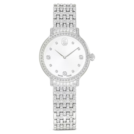 Silver watch with diamond-studded bracelet on a white background