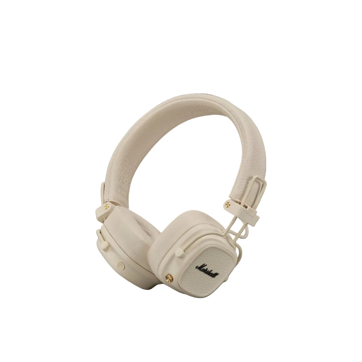 Beige headphones with Marshall logo on a dark gray background